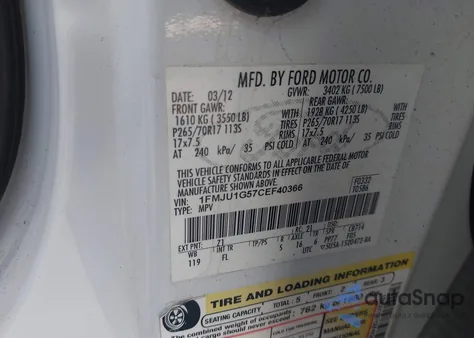 2012 Ford Expedition Xl z USA, uszkodzony, nr VIN 1FMJU1G57CEF40366